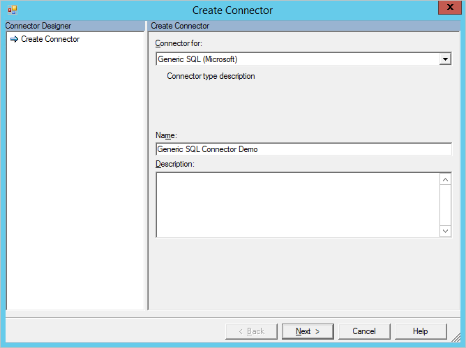 Screenshot showing the Create Connector wizard with the connector selected and a Next button.