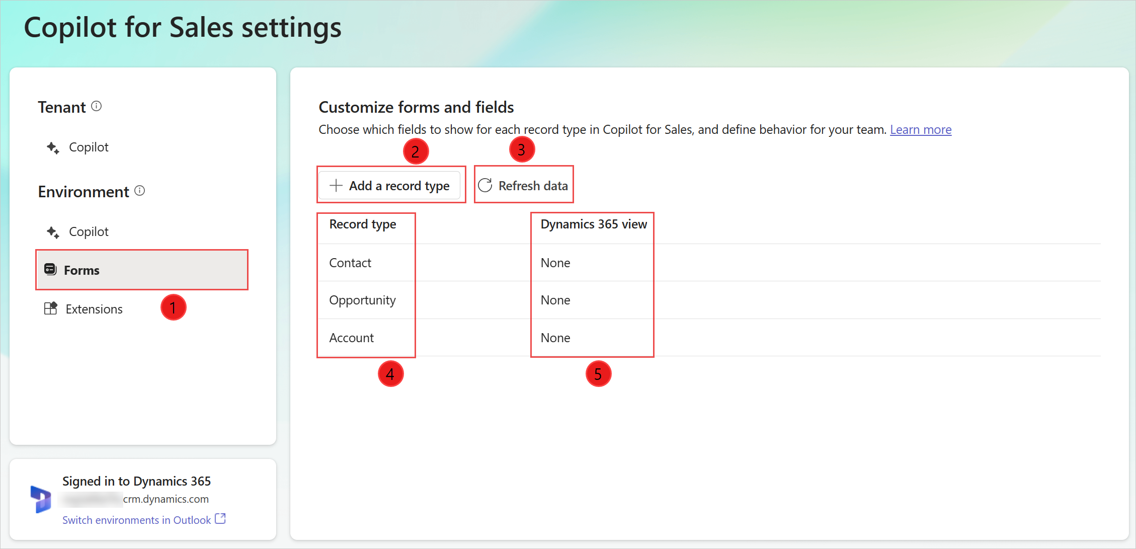Screenshot showing Copilot for Sales admin settings.