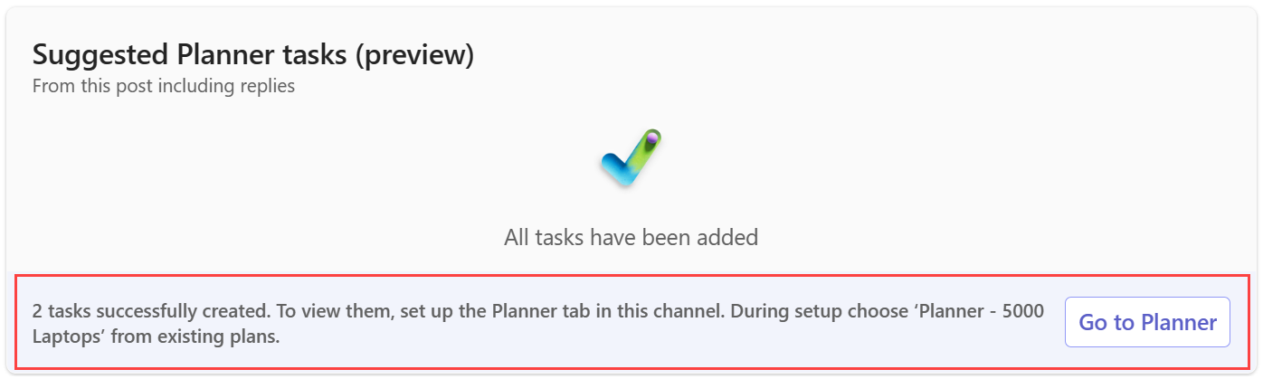 Screenshot showing confirmation message about Planner tasks.