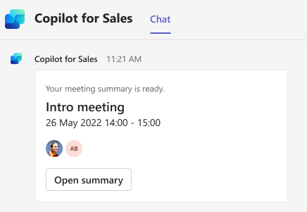 Screenshot showing the Copilot for Sales meeting summary card.
