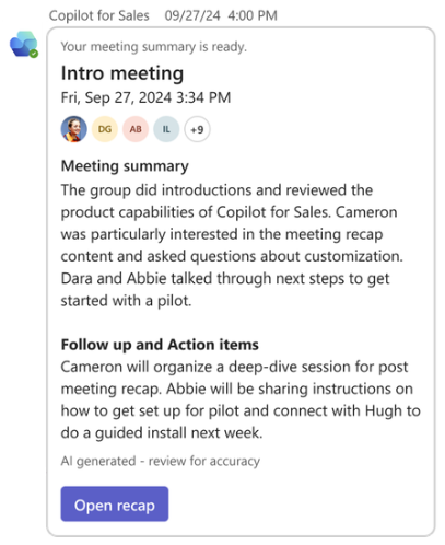 Screenshot showing the Copilot for Sales meeting summary card.