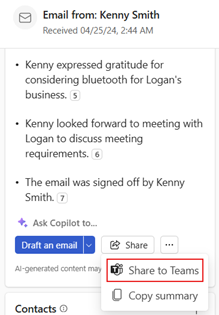 Screenshot of the Share option in Copilot for Sales side pane.
