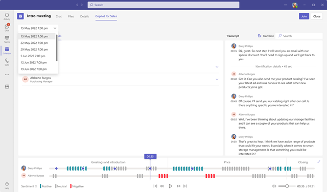 Screenshot showing the Copilot for Sales meeting summary for a recurring meeting.