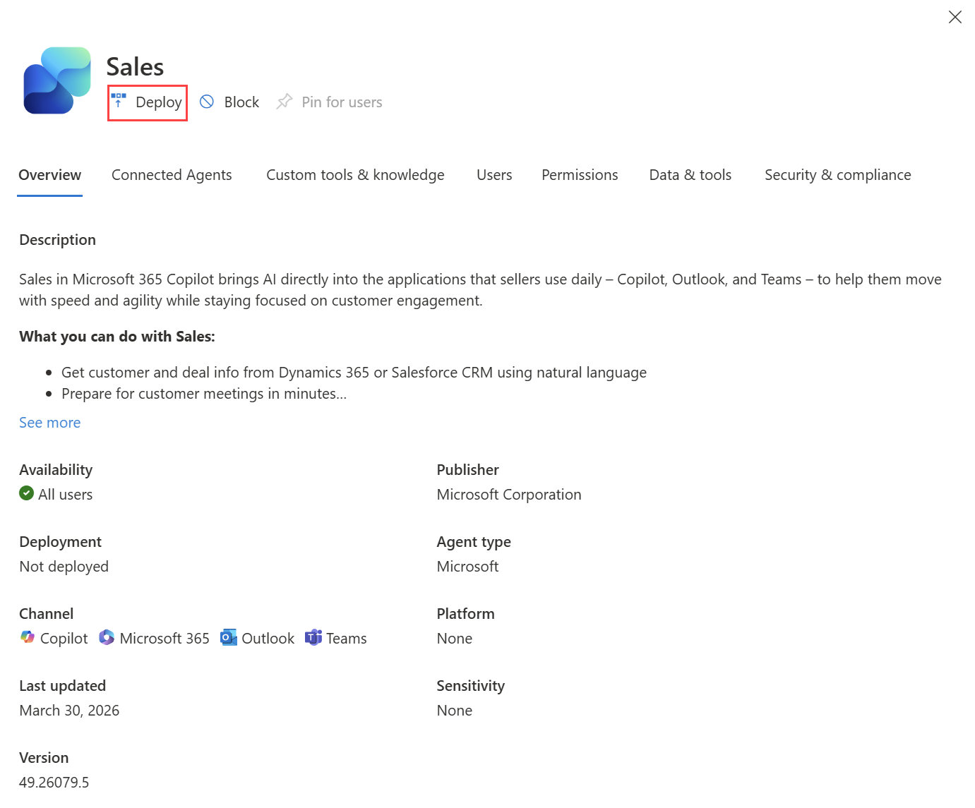 Screenshot of the Sales pane in the Microsoft 365 admin center, with the Deploy button highlighted.