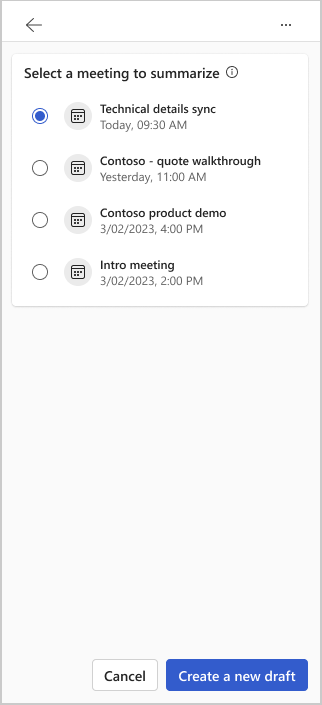 Screenshot showing the Select a meeting to summarize pane.