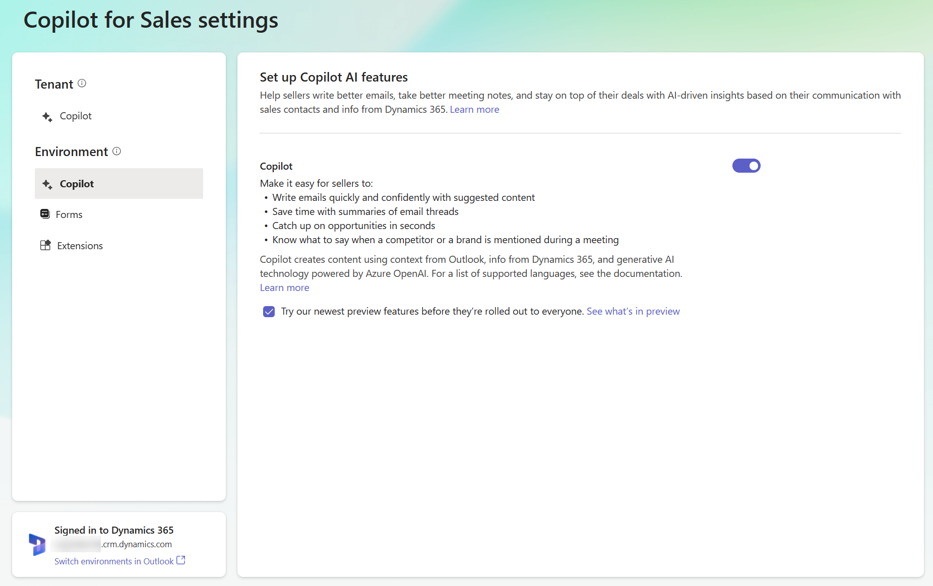 Screenshot of Sales Copilot settings for an environment.