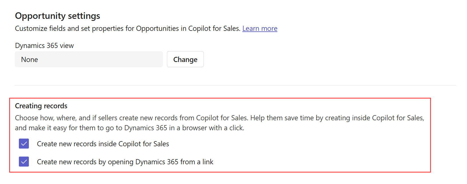 Screenshot showing how to configure contact creation in Copilot for Sales.