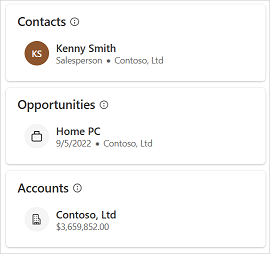 Screenshot showing mini view of CRM records in Copilot for Sales.