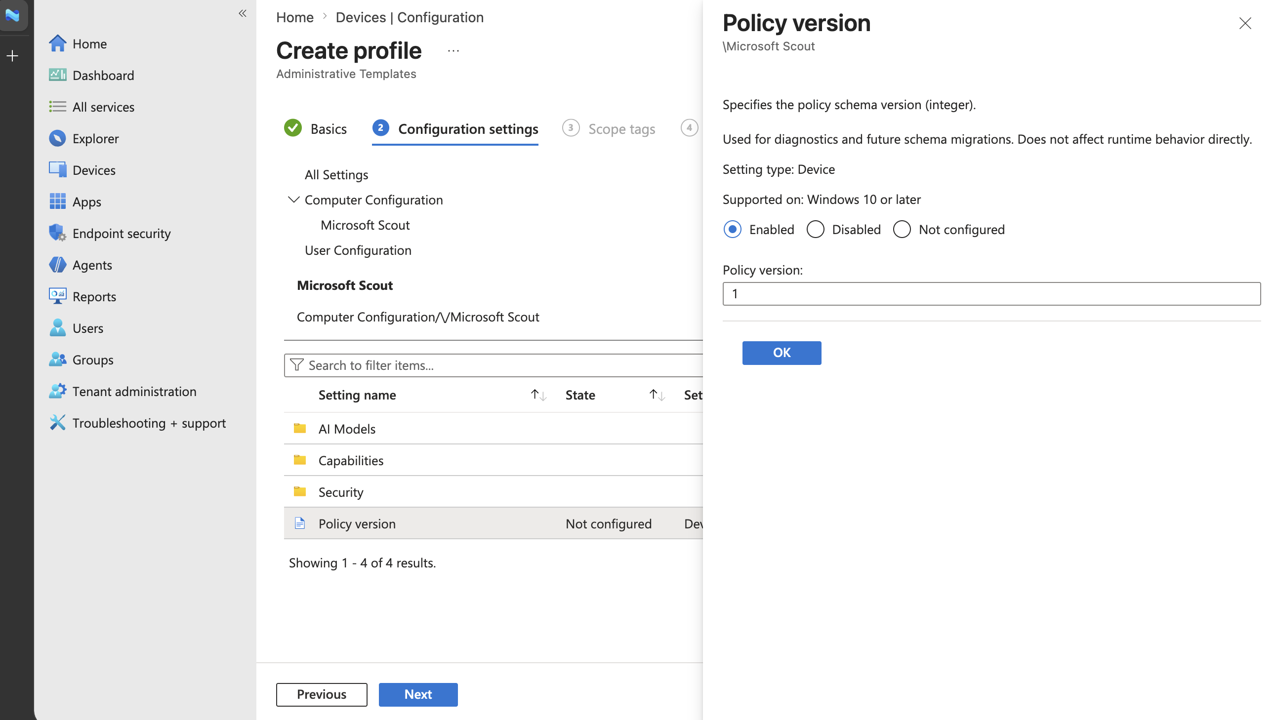 Screenshot of the Capabilities category in the Microsoft Scout template with the Allow Clawpilot Frontier access setting highlighted.