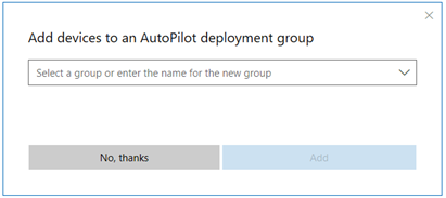 Screenshot of Add devices to a group dialog. You can create a new group, or select a current group.