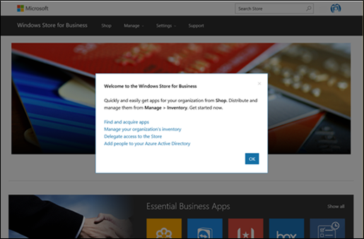 Image showing welcome message for Microsoft Store for business.