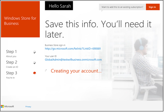 Image showing sign-in page and user ID for Microsoft Store for Business. 
