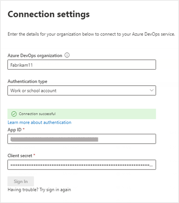 Connection Application Settings.