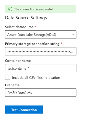 CSV connector with Data Source Settings for an Azure Data Lake Storage source.