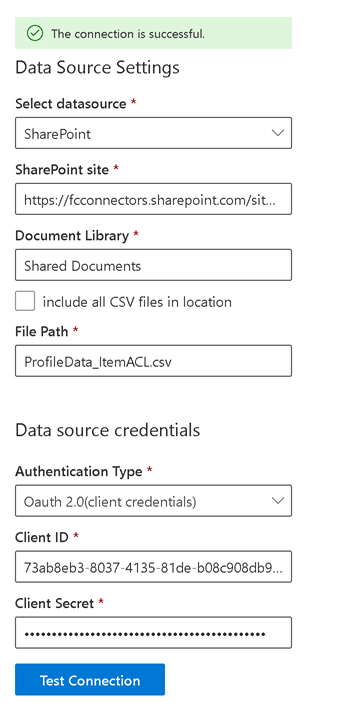 CSV connector with Data Source Settings for a SharePoint site.