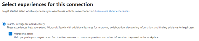 CSV connector with Microsoft Search experience selected.