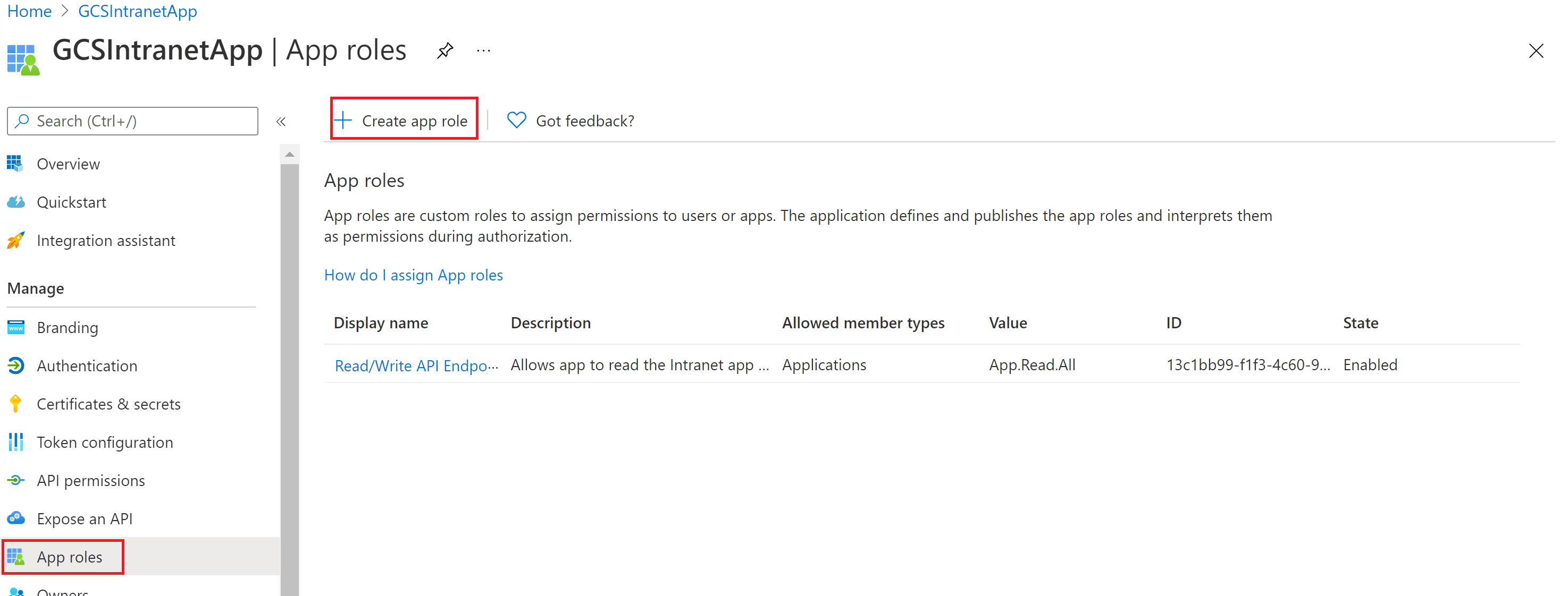 Image showing the option to create an app role.