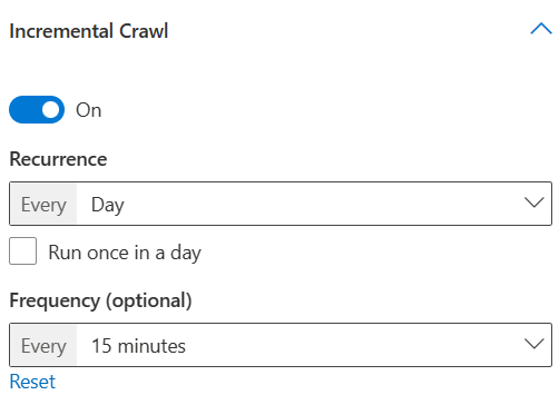 Screenshot that shows run incremental crawl daily after every 15 minutes.