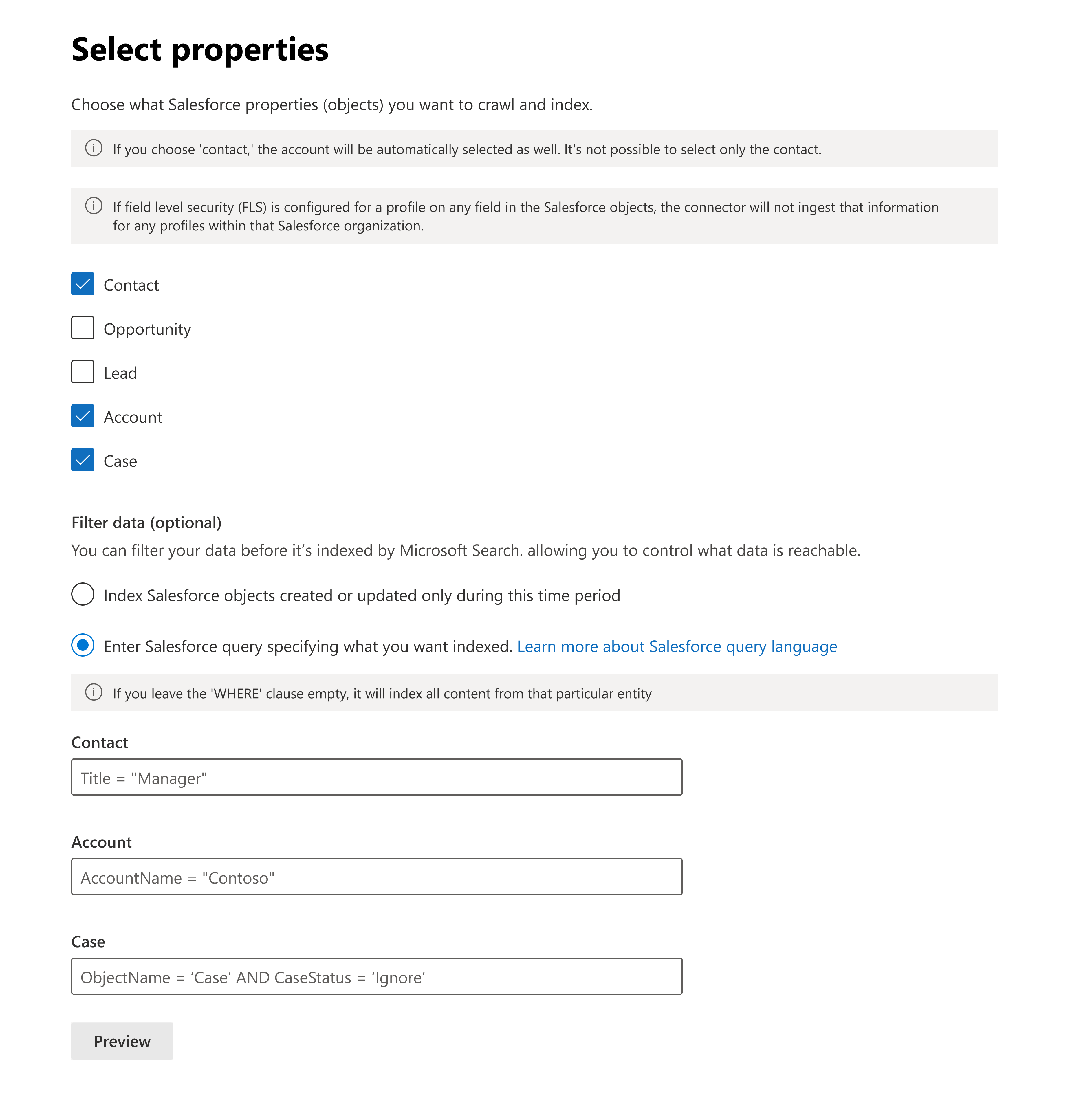 Screenshot of filtering options in the Salesforce connector