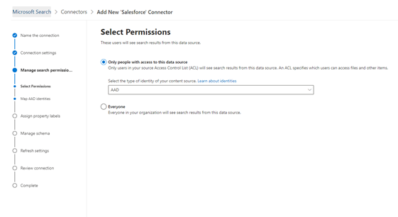 Select permissions screen that has been completed by an admin. The admin has selected the "Only people with access to this data source" option and has also selected "AAD" from a drop down menu of identity types.