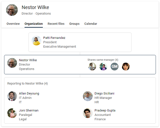 Screenshot of organizational chart with three different levels.