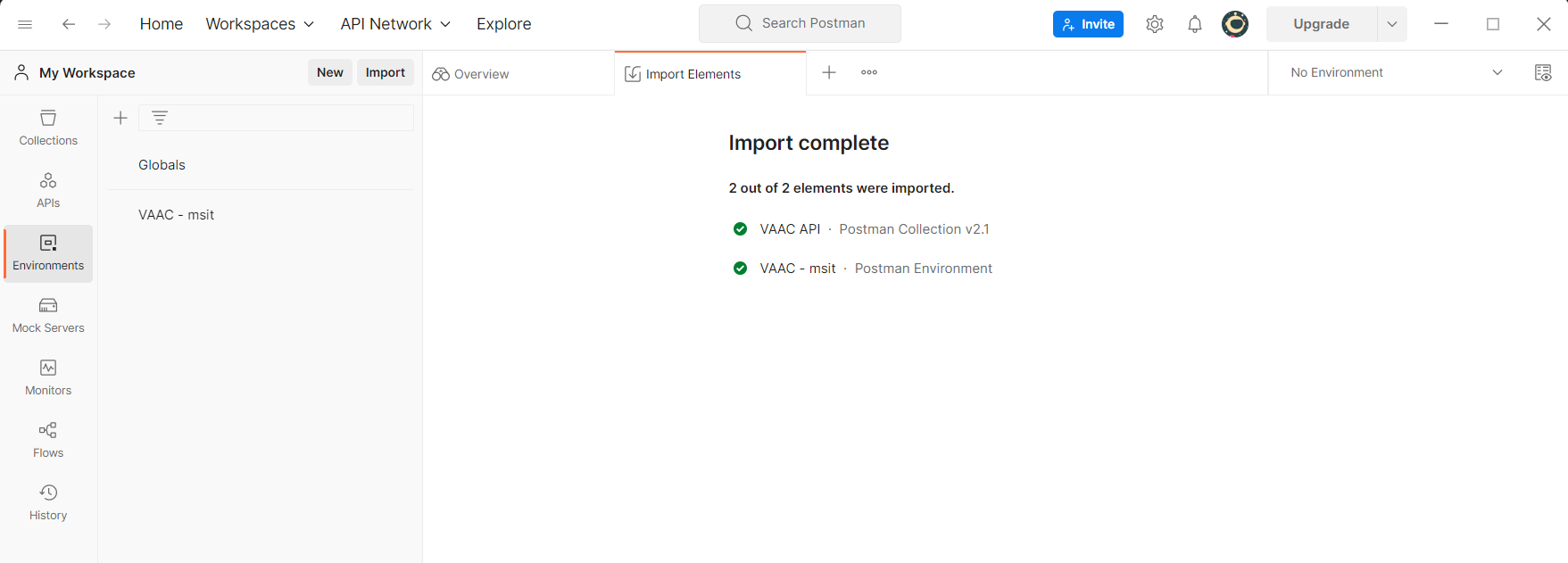 Screenshot showing import completed