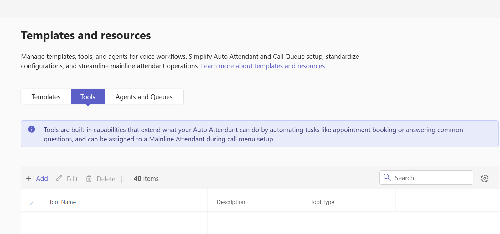 Screenshot showing tools being selected on the template and resources pages
