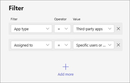 Screenshot showing how to filter apps by combining various criteria such as app availability, app type, and app status.
