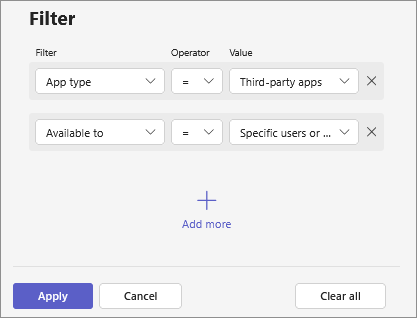 Screenshot showing how to filter apps by combining various criteria such as assignments, app type, and app status.