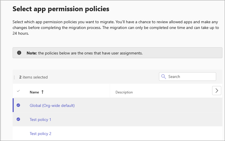 Screenshot showing the app centric management migration UI to select policies.