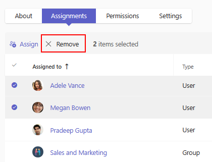 Screenshot showing how to remove an existing app assignment from the app details page.