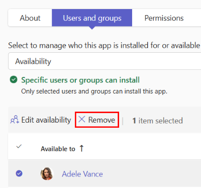 Screenshot showing how to remove an existing app assignment from the app details page.