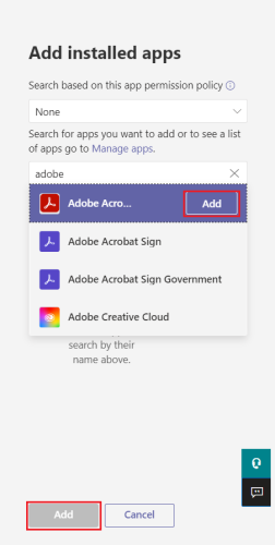 Screenshot that shows how to add Adobe Acrobat app for all users.