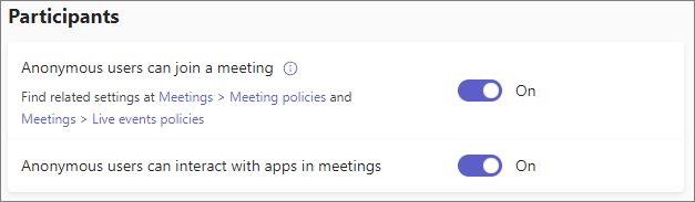 Screenshot showing the meeting join and lobby settings in the Teams admin center.