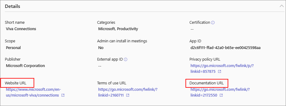 Screenshot that shows documentation links in the admin center for an app in its details page.