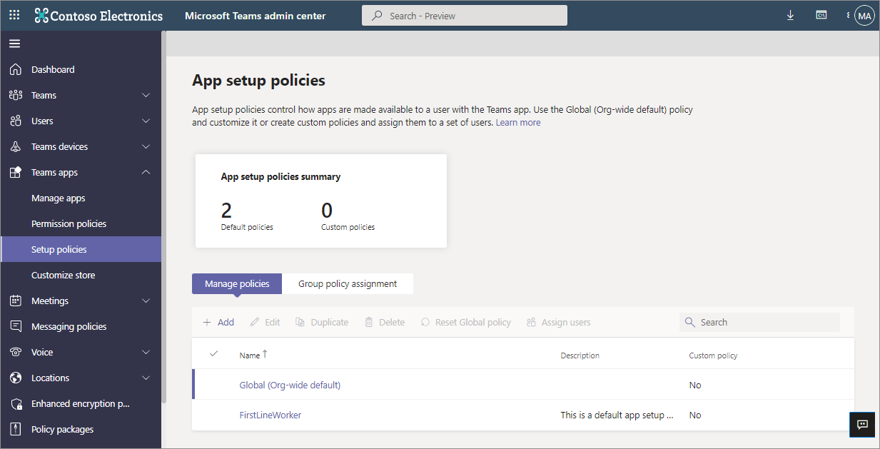 Screenshot of app setup policy.