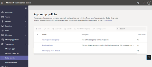 User interface screenshot of the app setup policies page.