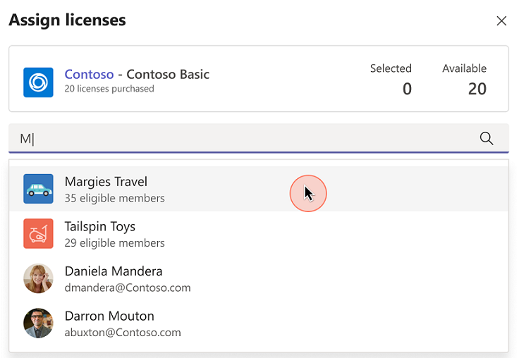 Screenshot that shows the Assign licenses dialog with the list of teams to assign license.