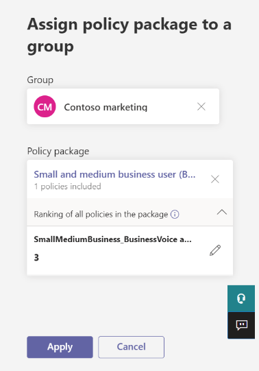 Screenshot of Assign a policy package to a group pane.