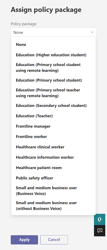 Screenshot that shows the Teams admin center for policy package assignment to a user.