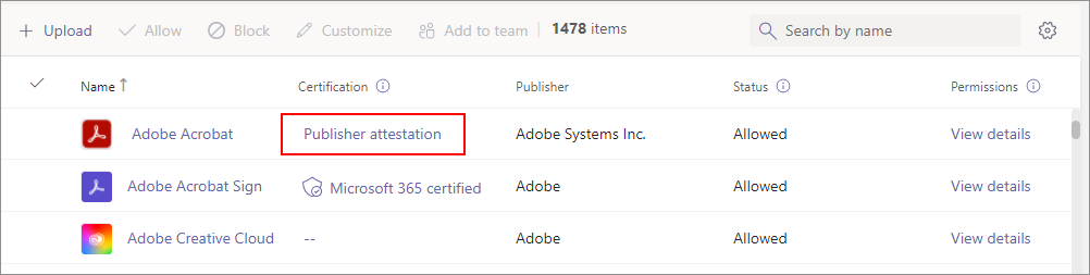In Teams admin center, select the Publisher attestation link to view details of the attestation of an app.