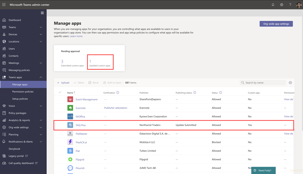 Screenshot shows Manage apps page with a pending request and status of a newly submitted app.