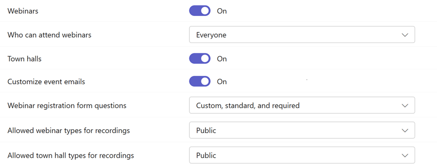 Screenshot of Teams events policies in the Teams admin center.
