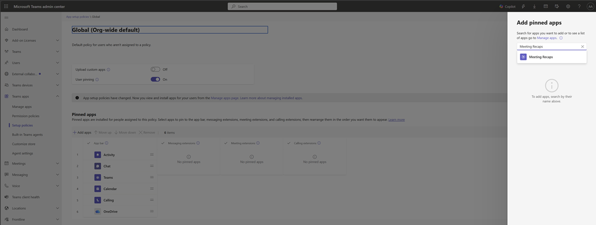 Screenshot showing how to add the Meeting Recaps app to an app setup policy in the Teams admin center. 