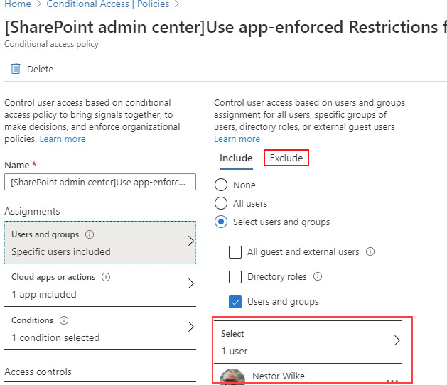 the SharePoint admin center with the Select user section highlighted.