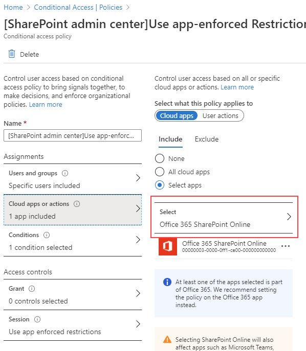 SharePoint is selected as the targeted app.