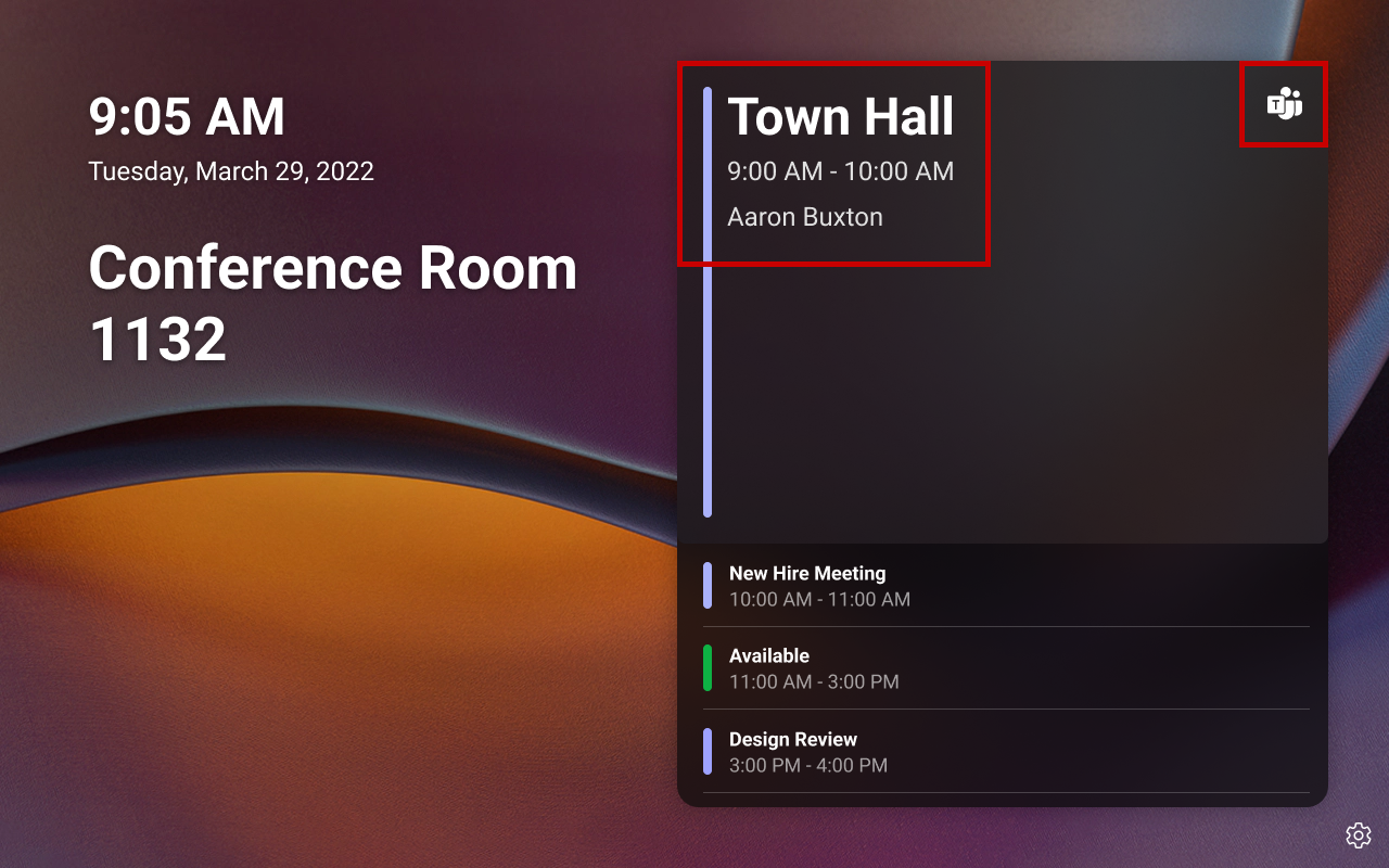 Teams panels Home screen showing that the meeting space is reserved for a scheduled meeting.