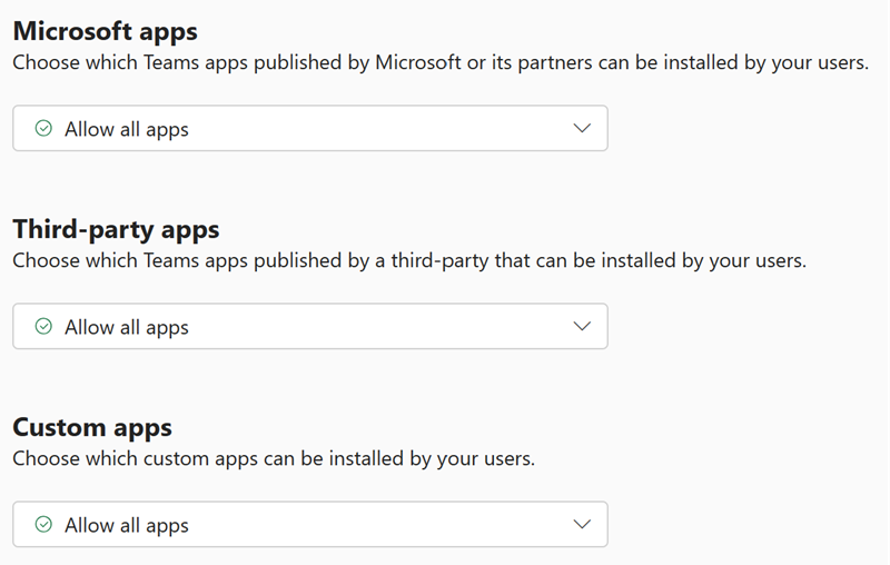 Screenshot of Teams app permission policies in the Teams admin center.