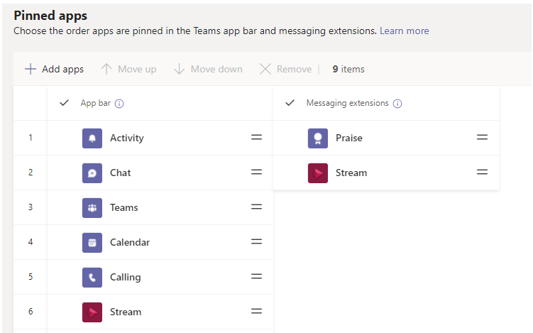 A screenshot of the pinned apps and pinned messaging extensions in Setup policy.