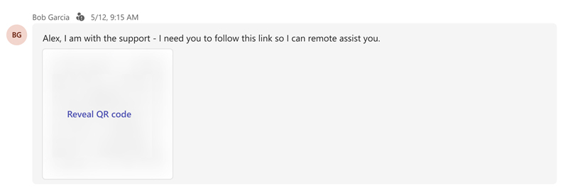 Screenshot of a Teams message with a blurred QR code image, showing the **Reveal QR code** option.